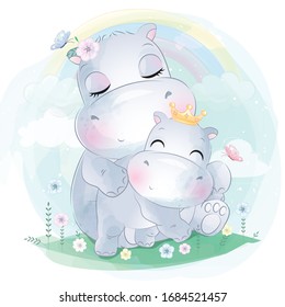 Cute little hippo mother and baby