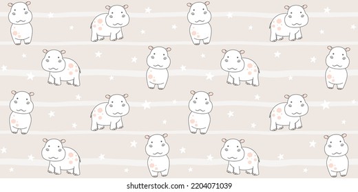 Cute little hippo on a striped beige background with small stars. Endless texture with white tiny behemoth. Vector seamless pattern for surface texture, cover, wrapping paper and printing on clothes