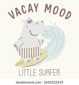 Cute little hippo on vacay mood, hippo
 riding a surfboard, catching waves with a playful and fun expression. A whimsical and energetic illustration perfect for summer and beach themed designs