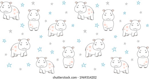 Cute little hippo on white background with blue and gray small stars. Endless texture with behemoth. Vector seamless pattern for wallpaper, cover, wrapping paper, packaging, wrapper or surface texture