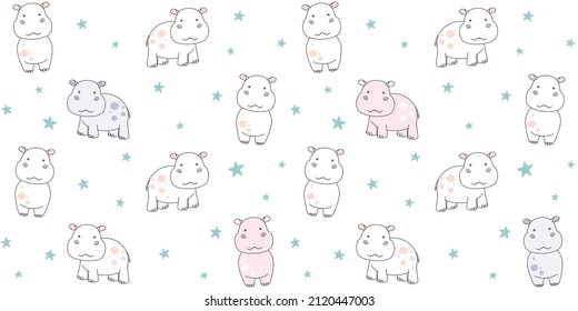 Cute little hippo on white background with small stars. Endless texture with behemoth. Vector seamless pattern for kids wallpaper, cover, wrapping paper, packaging, wrapper, surface texture and print