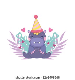 cute and little hippo with party hat and garden