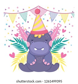 cute and little hippo with party hat and garden