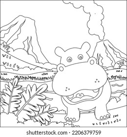 Cute little hippo play around swamp.  Creative vector Childish design for kids activity colouring book or page.