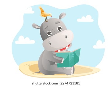 Cute little hippo is reading book on a beach. Reading children concept illustration for books, postcards, websites.