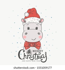 Cute little hippo with Santa Claus red hat, bow tie. Christmas card. New Year. Season's Greetings. Vector illustration