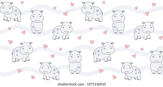 Cute little hippo and small hearts on white background with waves. Endless texture with behemoth. Vector seamless pattern for kids wallpaper, cover, wrapping paper, packaging, wrapper, surface texture