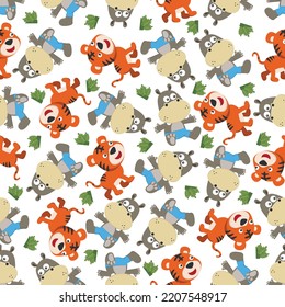 cute little hippo and tiger play around swamp. Design concept for kids textile print, nursery wallpaper, wrapping paper. Cute funny background.