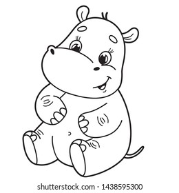 Cute little hippo. Vector cartoon hippo. Vector illustration for children. Coloring book