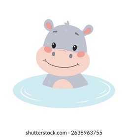 Cute little hippo in water. Flat vector illustration in simple child style isolated on white background