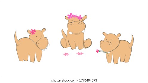 cute little hippos with flowers.white background. vector.