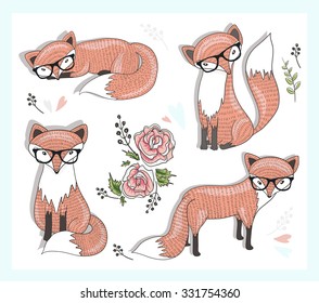 cute little hipster fox set with flower