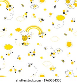 Cute little honey bear with beehive on Rainbow Cloud Sun Honeycomb Bee Daisy vector seamless pattern. Childish Scandinavian decorative graphics for baby, nursery, kid fabric design, birthday party