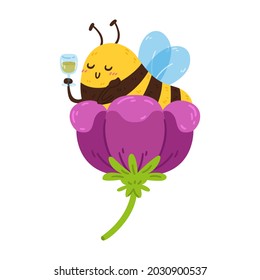 Cute little honey bee in flower with glass of nectar. The striped insect resting during the break. Vector character isolated illustration on white background.