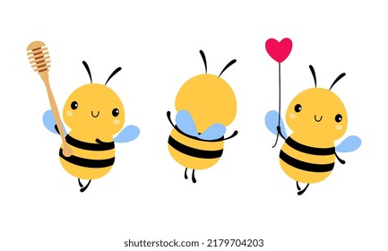 Cute Little Honey Bee with Wings and Black Stripes Flying with Dipper and Heart Vector Set