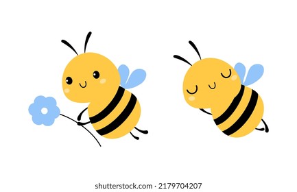 Cute Little Honey Bee with Wings and Black Stripes Flying with Flower Vector Set