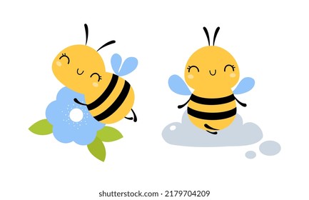 Cute Little Honey Bee with Wings and Black Stripes Flying with Flower and Meditating Vector Set