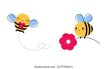 Cute Little Honey Bee with Wings and Black Stripes Flying with Flower and Heart Vector Set