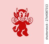 Cute little horned Devil. Red evil happy smiling character. Hand drawn Vector illustration. Halloween, vintage style. Retro cartoon mascot. Isolated design element. Sticker, logo, print template