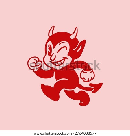 Cute little horned Devil. Red evil blinking smiling character. Hand drawn Vector illustration. Halloween, vintage style. Retro cartoon mascot. Isolated design element. Sticker, logo, print template