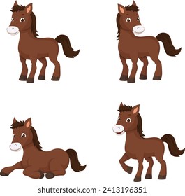 Cute Little Horse Cartoon Set with Different Poses. Horse Standing, Looking Back, Sitting And Walking Vector Illustration