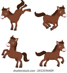 Cute Little Horse Cartoon Set with Different Poses. Horse Running, Rearing up, Foal Kick And Jumping Vector Illustration