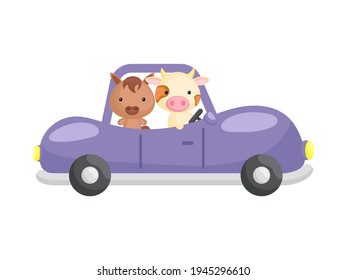 Cute little horse and cow driving purple car. Cartoon character for childrens book, album, baby shower, greeting card, party invitation, house interior. Vector stock illustration.