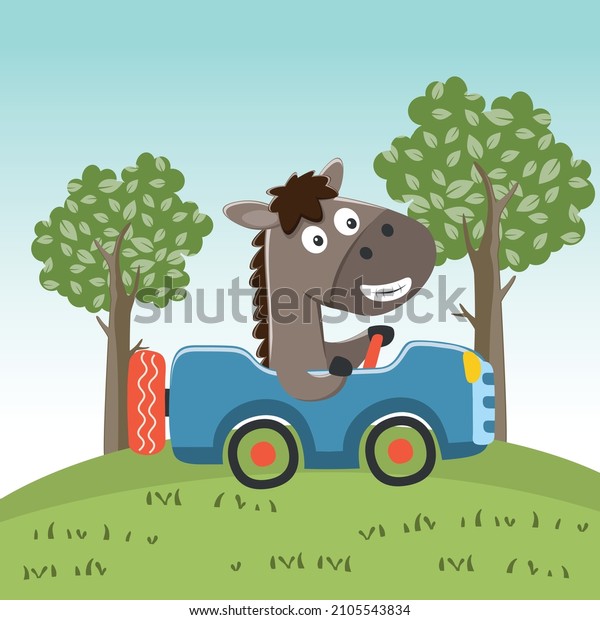 Cute little horse driving a car\
go to forest funny animal cartoon,vector illustration. Vector\
illustration. T-Shirt Design for children. Design elements for\
kids.