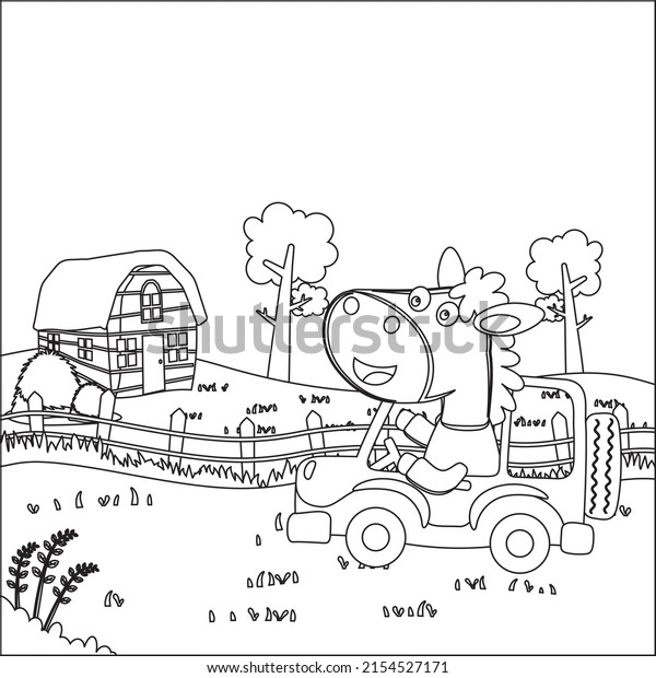 Cute little horse driving a car go to forest funny\
animal cartoon,  Trendy children graphic with Line Art Design Hand\
Drawing Sketch Vector illustration For Adult And Kids Coloring\
Book.