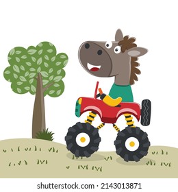 Cute little horse driving a monster car go to forest funny animal cartoon,vector illustration. Vector illustration. T-Shirt Design for children. Design elements for kids.