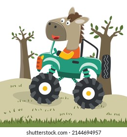 Cute little horse driving a monster car go to forest funny animal cartoon,vector illustration. Vector illustration. T-Shirt Design for children. Design elements for kids.