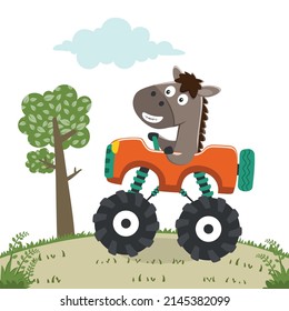 Cute little horse driving a monster car go to forest funny animal cartoon,vector illustration. Vector illustration. T-Shirt Design for children. Design elements for kids.