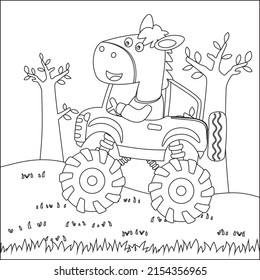 Cute little horse driving a monster car go to forest funny animal cartoon, Cartoon isolated vector illustration, Creative vector Childish design for kids activity colouring book or page.