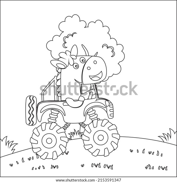 Cute little horse driving a monster car go to\
forest funny animal cartoon, Cartoon isolated vector illustration,\
Creative vector Childish design for kids activity colouring book or\
page.