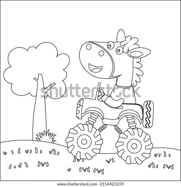 Cute little horse driving a monster car go to\
forest funny animal cartoon, Cartoon isolated vector illustration,\
Creative vector Childish design for kids activity colouring book or\
page.