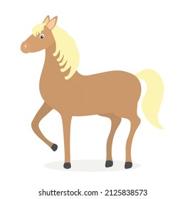 Cute little horse. Home pet. Vector illustration in cartoon style. Brown animal, blond hair. A beautiful dark horse with a fluffy light mane. White background. Farm pets. Yellow, light brown color.