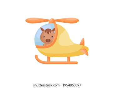 Cute little horse pilot in yellow helicopter. Cartoon character for childrens book, album, baby shower, greeting card, party invitation, house interior. Vector stock illustration.