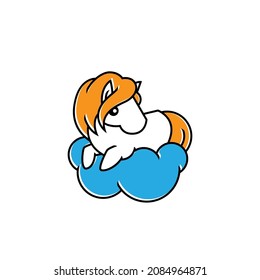 Cute Little Horse Sitting Lying on Cloud Animal Cartoon