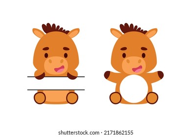 Cute little horse split monogram. Funny cartoon character for kids t-shirts, nursery decoration, baby shower, greeting cards, invitations, scrapbooking, home decor. Vector stock illustration