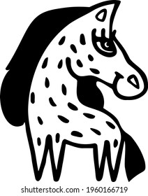 Cute little horse stands sideways on four legs and smiles. Big-eyed pony with long mane and bushy tail. Cartoon farm animal. Kind hand-drawn pet for kids. Vector black isolated doodle. Nursery clipart