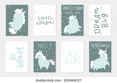 Cute Little horses. 8 postcard template with hand drawn illustrations. Could be used as card, tag, poster, label template design. Cute pony for baby shower invitation, kid room decor, print, wallpaper