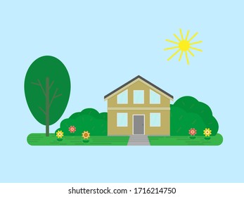 Cute little house among greenery in a flat style. Vector illustration.