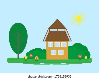 Cute little house among greenery in a flat style. Vector illustration.