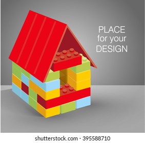 Cute Little House Built Of Colored Plastic Bricks. Vector Illustration