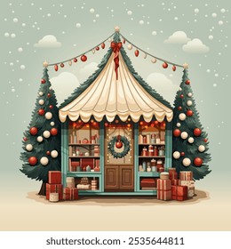 Cute little house, Christmas market, holiday gifts. Vector illustration