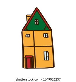 Cute little house in colored cartoon style isolated on white background. Vector stock illustration architecture for children. Sign residential building. Single. Drawn by hand.One of a series of color.