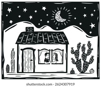 Cute little house with a couple in love at the window. Cactus and starry night. Illustration in the style of woodcut, northeastern cordel.