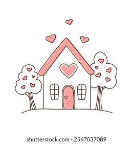 A cute little house for lovers. Illustration of a cozy house with a pink roof, heart-shaped decorations, and trees adorned with hearts. This romantic Valentine-themed illustration is perfect for love