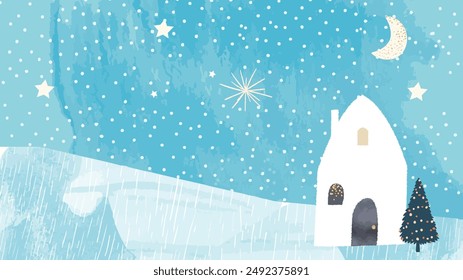 Linda casita, escenario nocturno de invierno con cielo azul nevado y estrellas, amplio Anuncio para diseños de Navidades.