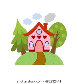 Cute little house on the hill. Vector illustration.
